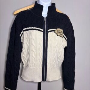 BDG Urban Outfitters Navy Cream Cable Knit Full Zip Mock Neck Sweater XS